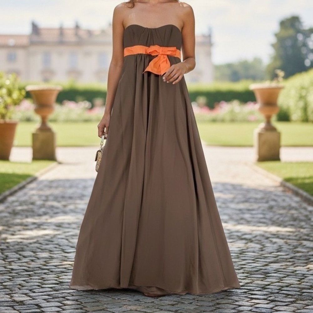 Alfred Angelo Brown Orange Strapless Chiffon Maxi Bridesmaid Dress Bow Sash 8